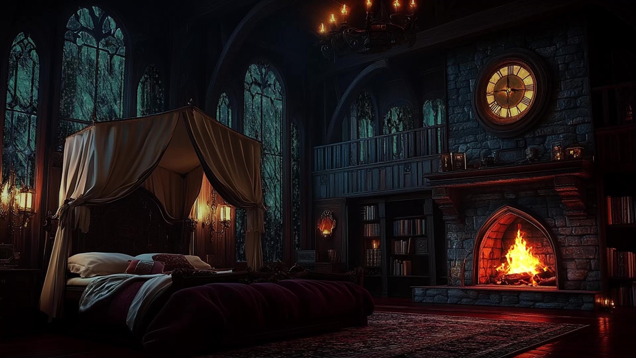 🌌🏰 Calm Midnight Rain in an Elegant Castle Bedroom | Rain on Glass Windows | Deep Sleep & Relax
