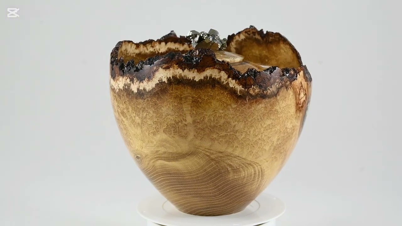 Medium sized handmade wooden urn from Black Locust Burl with black minerals and gold and Pyrite lid