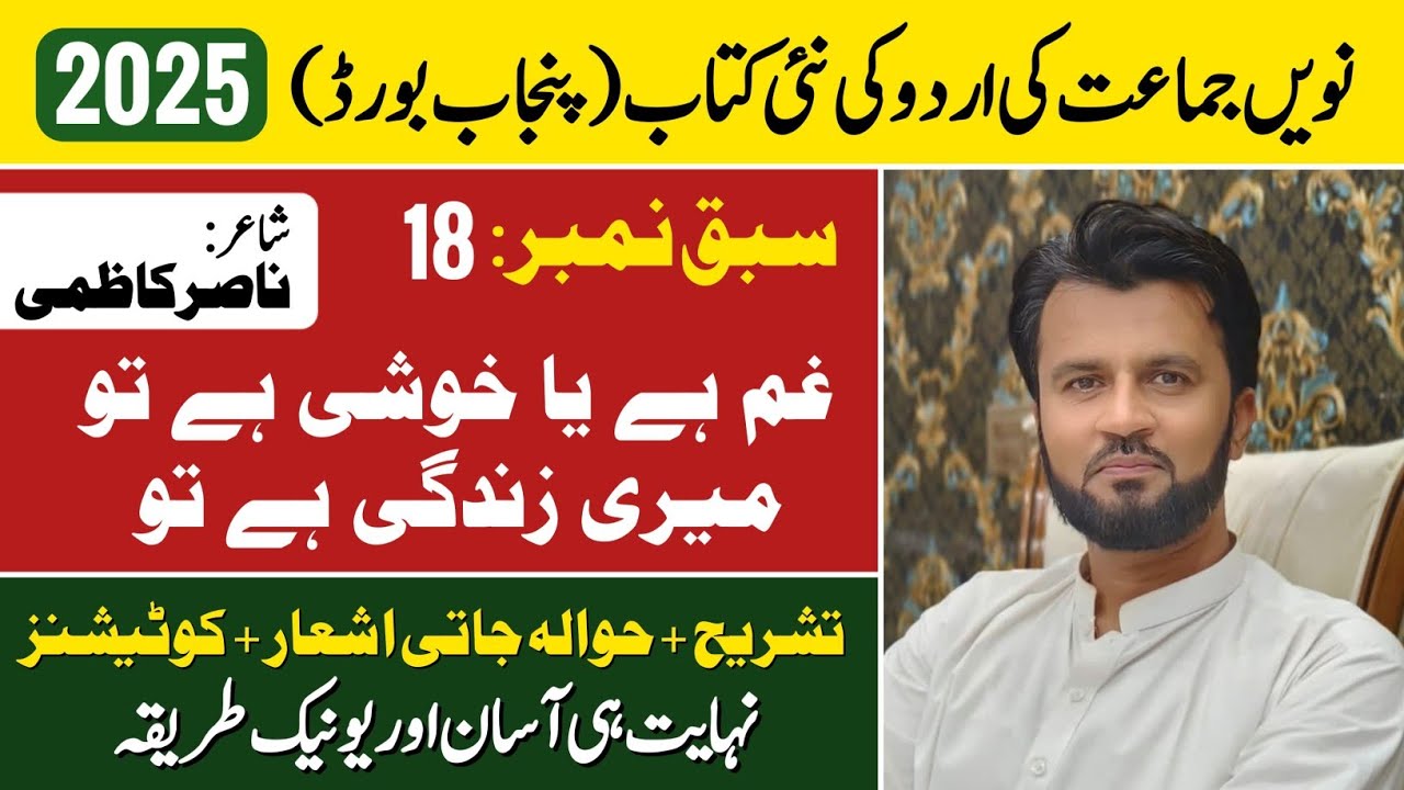 gham hai ya khushi hai tu tashreeh in urdu class 9(غم ہے یا خوشی ہے تو تشریح)Nasir kazmi ghazal