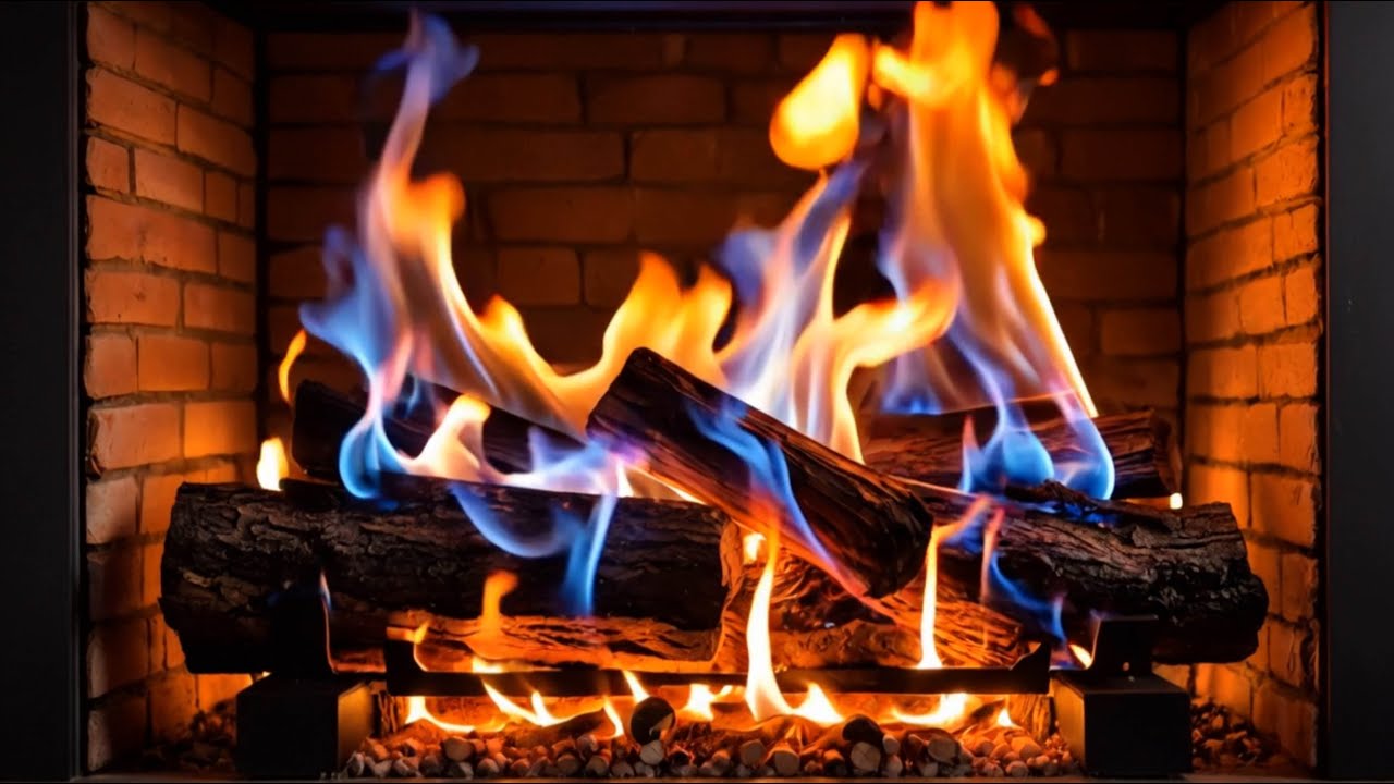 🔥 Create a Calm Cozy Mood with Blue & Orange Fireplace Flames Against Brick Walls