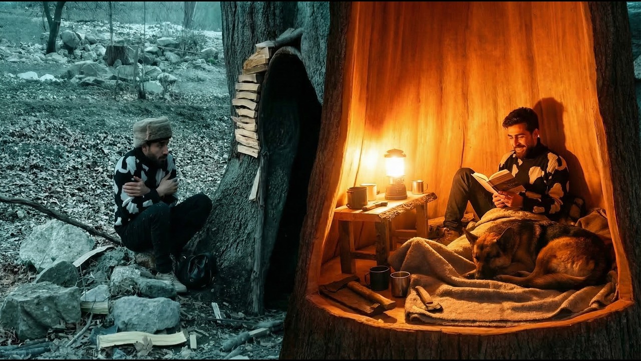 I Built a Secret Hollow Tree Shelter in the Forest