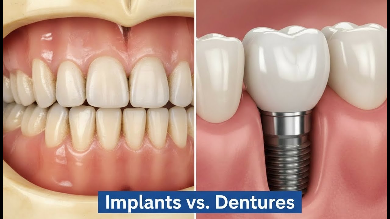 Implants vs  Dentures - Pros and Cons of Dental Implants vs Dentures