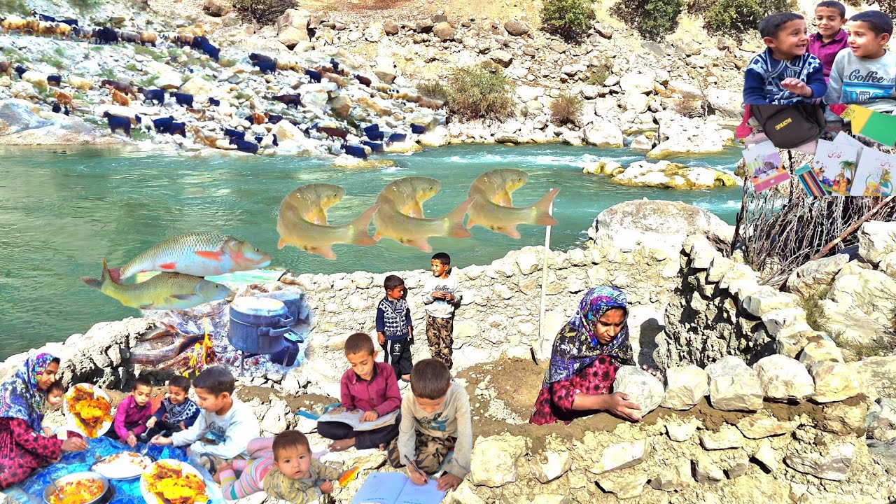 Single Mother Builds Stone Wall in Iran's Rugged Mountains|Life Off Grid with 4 Kids Near Wild River