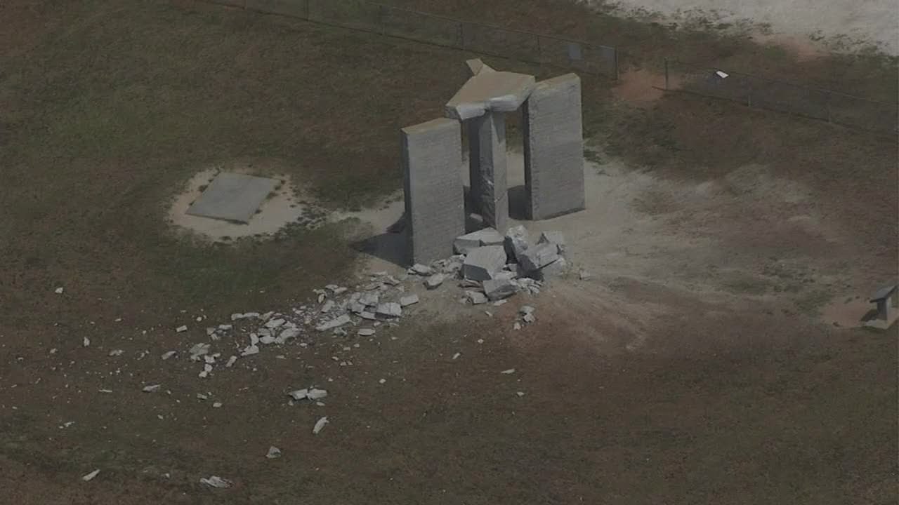 SKYFOX over damaged Georgia Guidestones