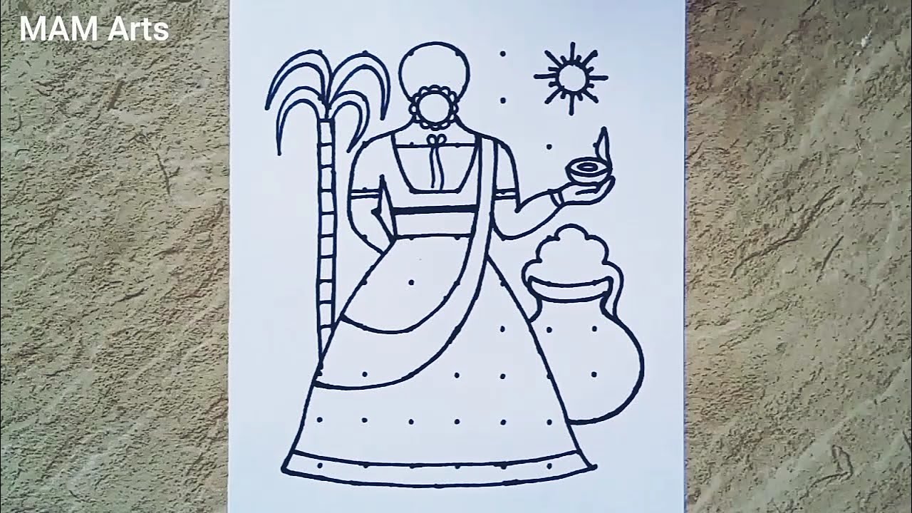 Easy Sankranti Rangoli with Traditional girl from 7×10 dots// Pongal pot kolam // Pongal drawing