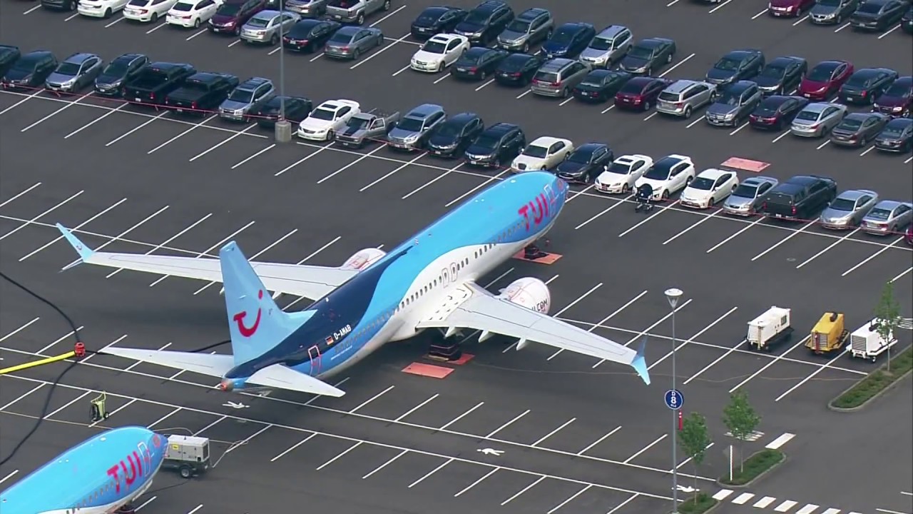 Aerials of 737 MAX planes parked at Boeing Field, Renton factory