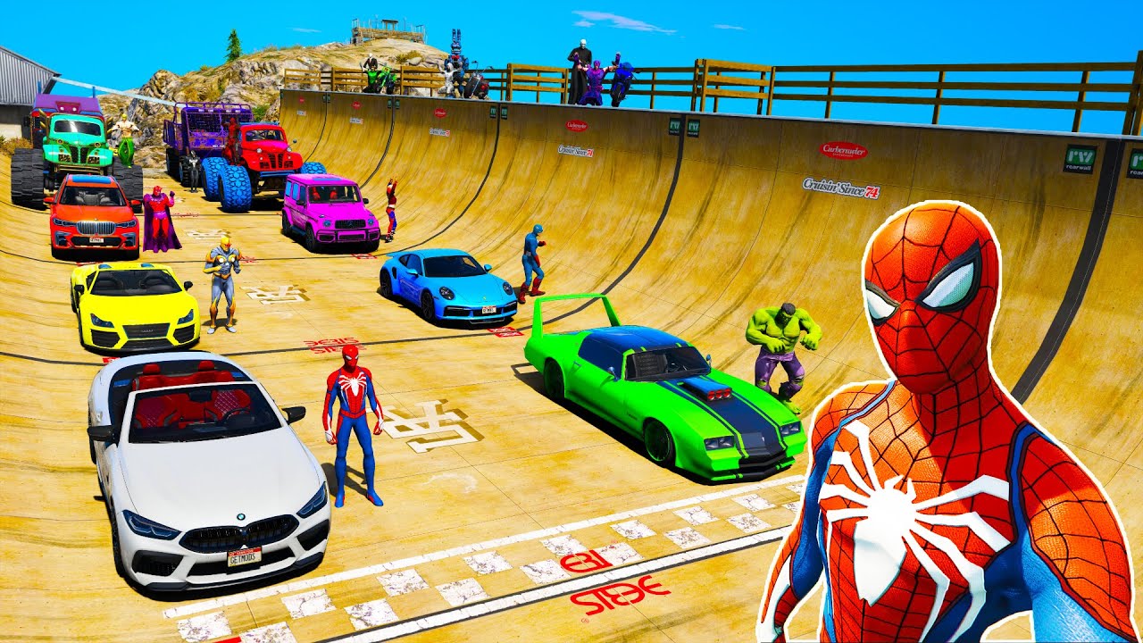 Continuation next Epic challenge jump Ramp Mount Chiliad Spiderman BMW Cars Audi Monster Truck GTA V