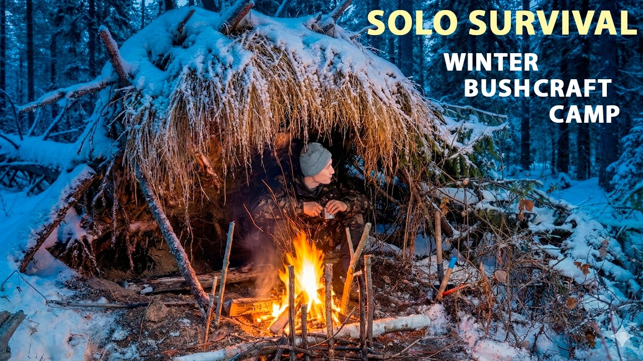 Survival Shelter under Giant Fallen Tree Root. Solo Bushcraft in Deep Snow.