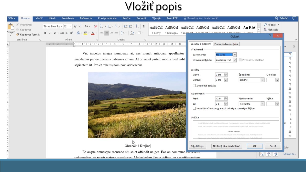 Vloženie obrázka a popisu do dokumentu