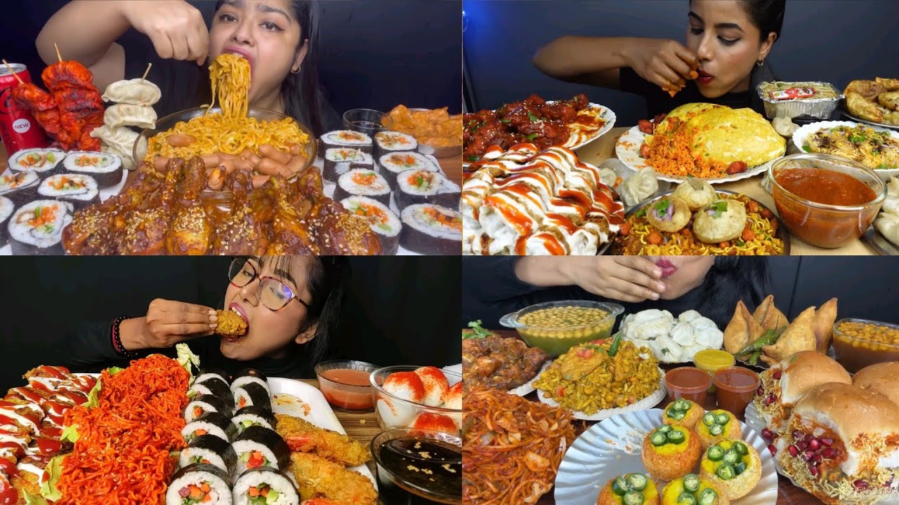 ASMR EATING KOREAN CHICKEN SUSHI PRAWNS CHICKEN LEG PIECE NOODLES DAIHI PURI MOMOS EATING VIDEOS 