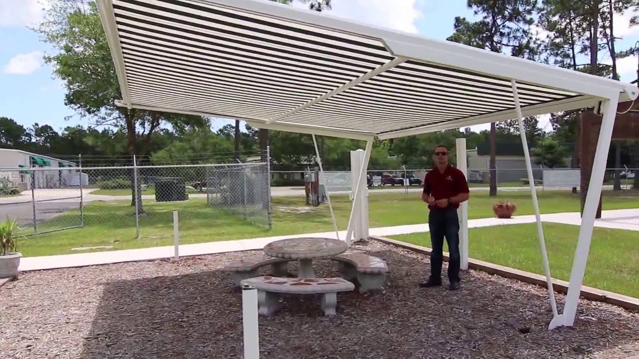 Freestanding + Retractable Awning shade structure. Installable anywhere in a yard!