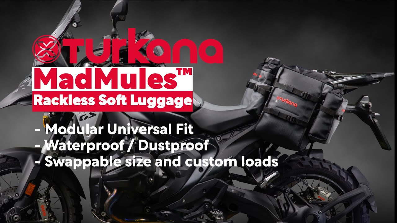 This is the MadMules Turkana rackless motorcycle soft luggage.