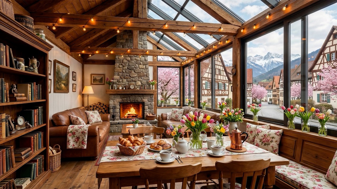 Relaxing Jazz & Fireplace: Sunny Spring Day in a Swiss Village #live