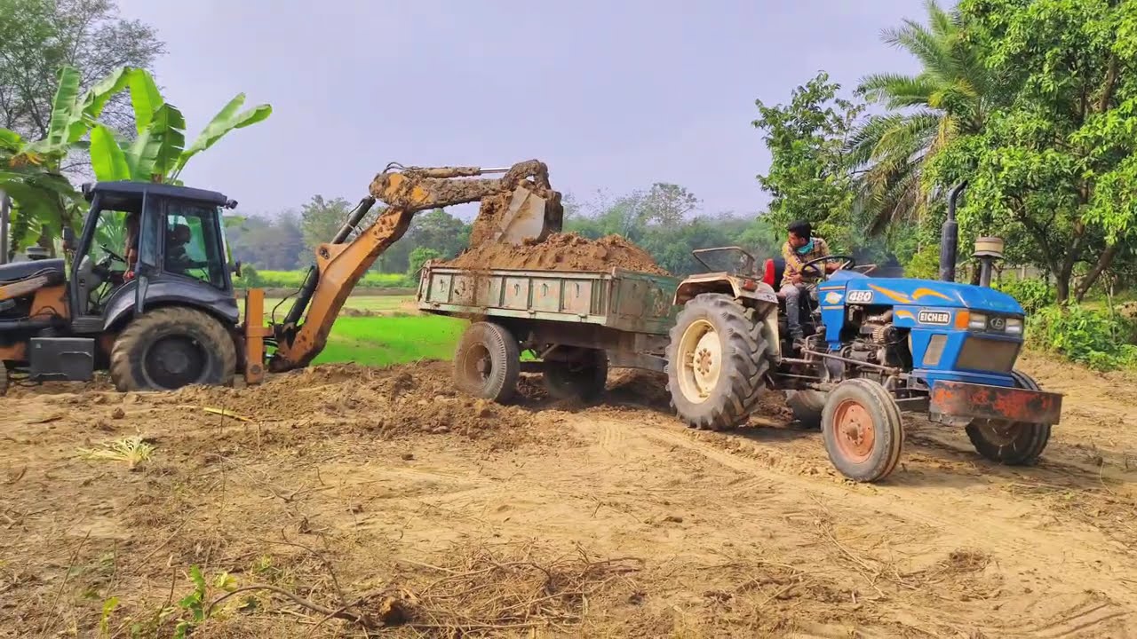 ‼️JCB Excavator loading mud in John Deere 5105 | Swaraj 855 | Trakstar 550 fully loaded trolleys 