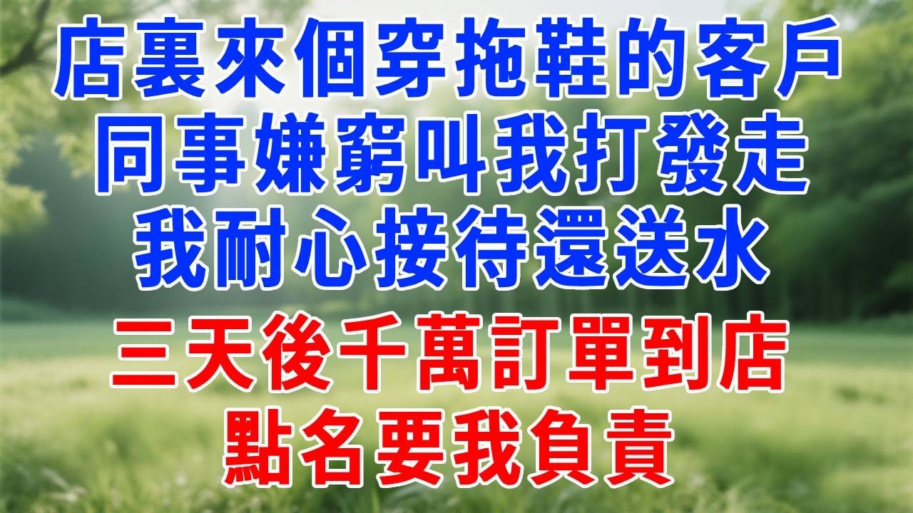 店裏來個穿拖鞋的客戶，同事嫌窮叫我打發走，我耐心接待還送水，三天後千萬訂單到店，點名要我負責。#打脸 #职场 #故事分享 #故事頻道 #生活經驗 #情感