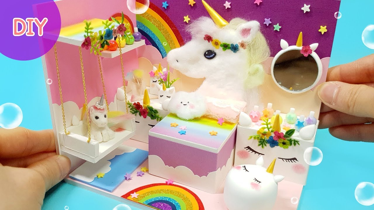DIY Miniature Dollhouse - Unicorn Room decor ! Rainbow Unicorn