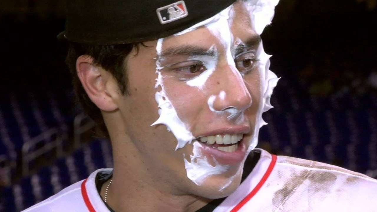 COL@MIA: Yelich discusses 5-1 win, gets pied