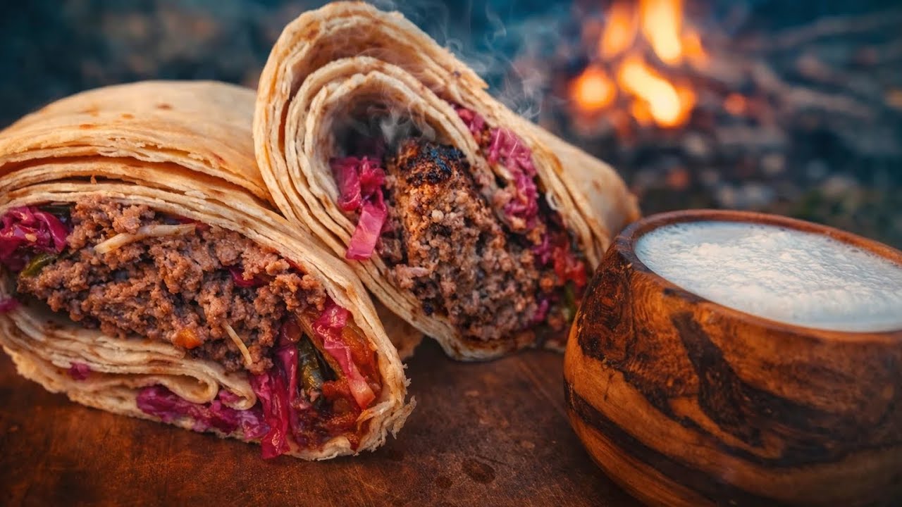 Outdoor Kebab Sandwich Cooked Over Open Fire | No Talking ASMR