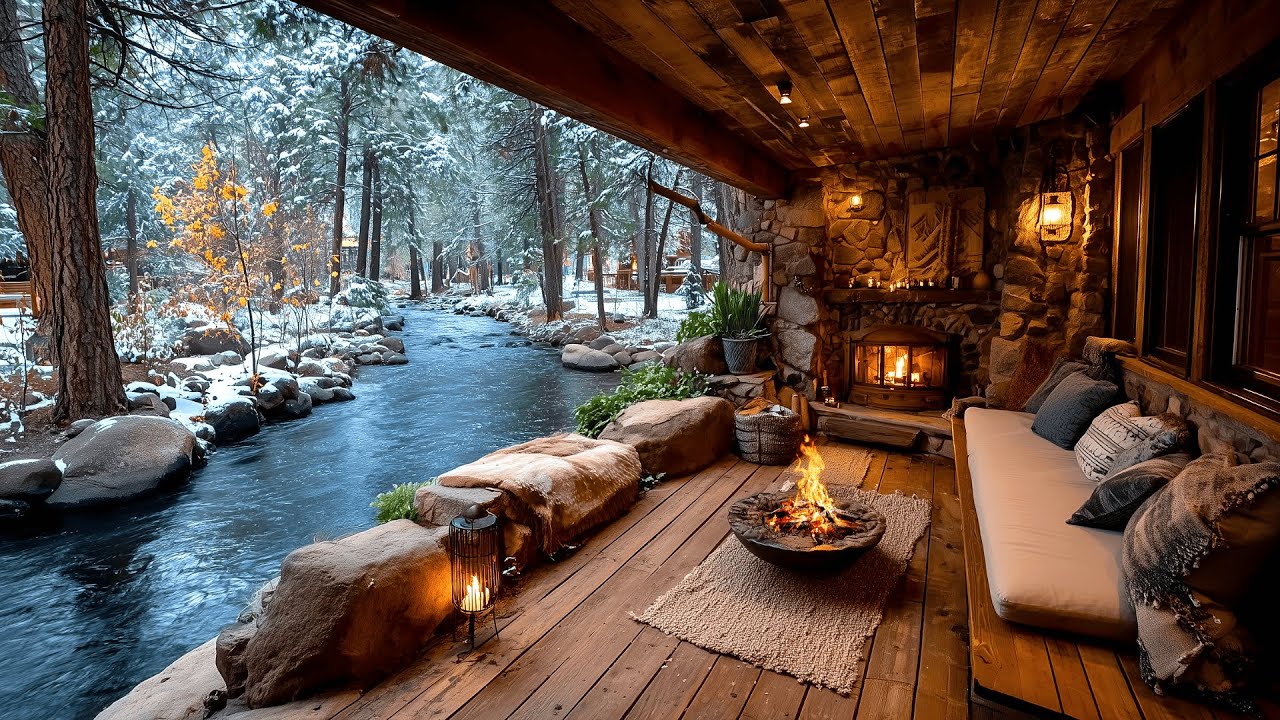 Winter Porch Campfire and River, Nature Sounds Ambience