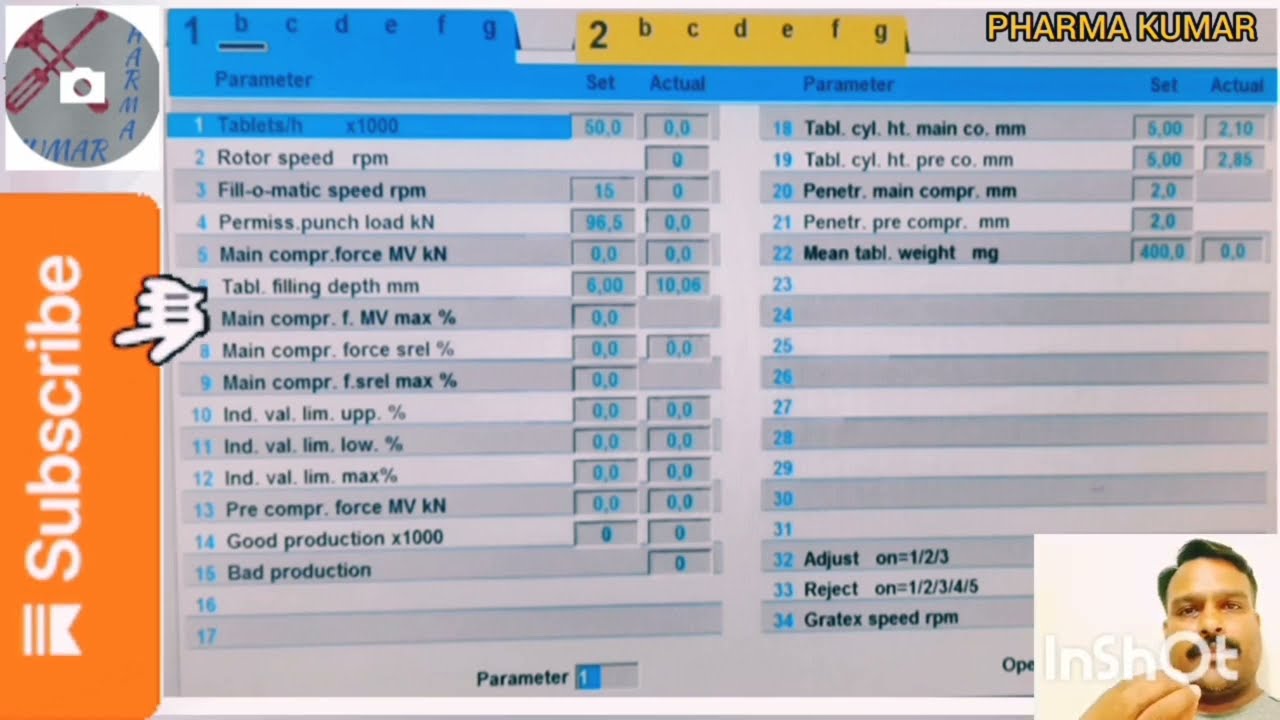 Parameters settings of Fette compression machine