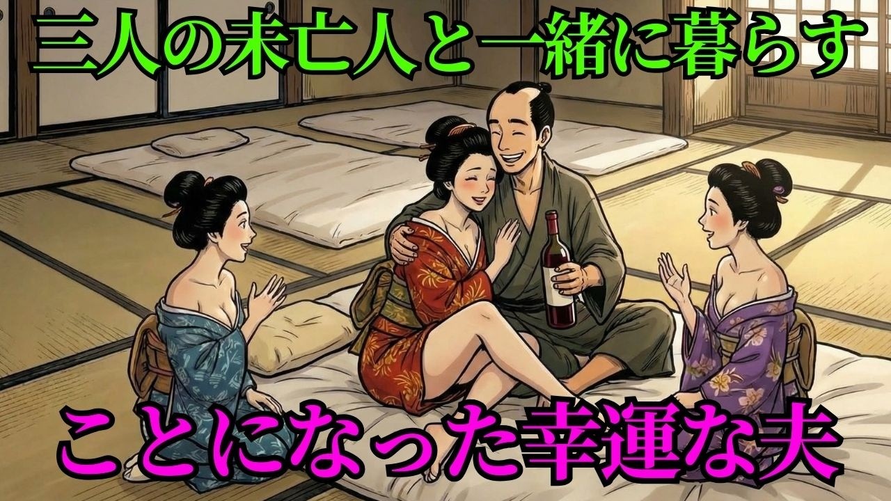 三人の未亡人と一緒に暮らすことになった幸運な夫 | 昔話