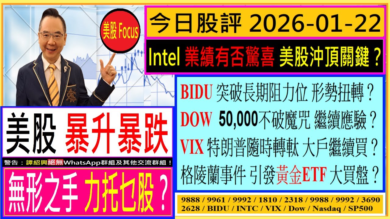 美股 無形之手 力托乜股？🖐/INTC 業績有否驚喜 美股沖頂關鍵？💖/BIDU 突破長期阻力位 形勢扭轉？🙄/DOW 50,000不破魔咒 繼續應驗？😅/VIX 大戶繼續買？😘/2026-01-22