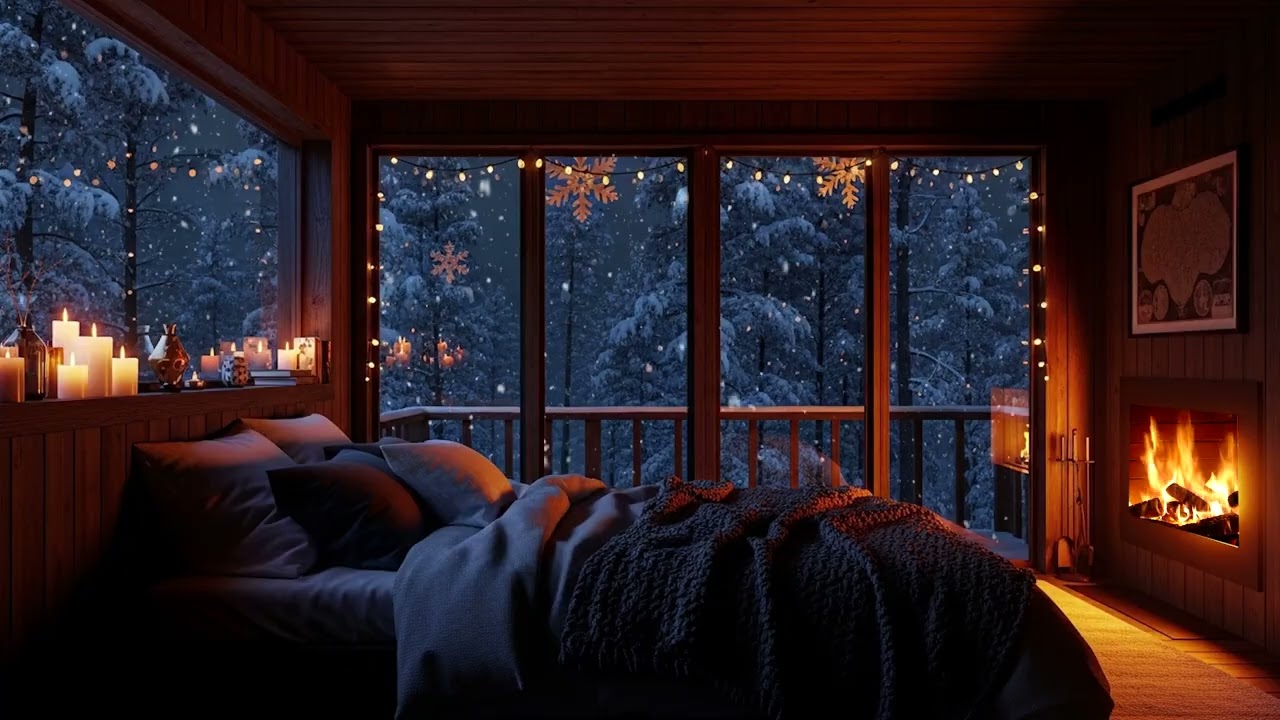 Peaceful Winter Night Fireplace 🔥 Soft Falling Snow & Cozy Relaxing Ambience