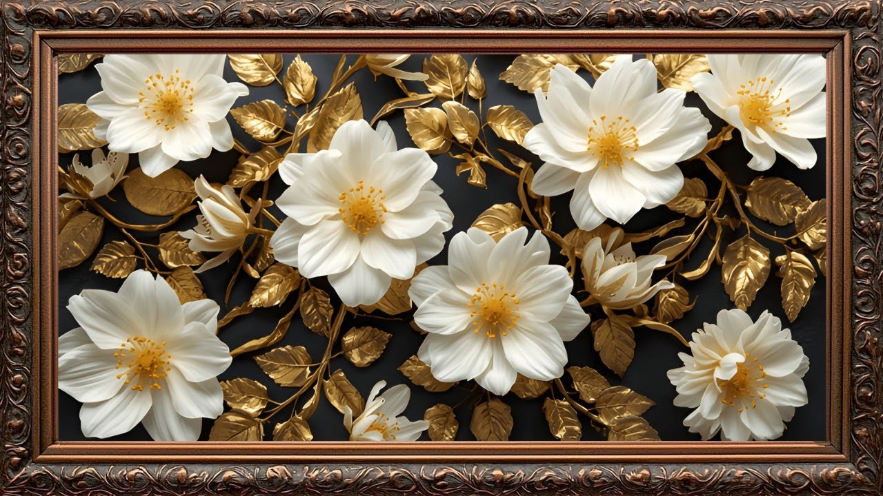 Luxurious Gold and white flowers | Gold Frame tv 4k | Gold Framed TV Art 4k Screensaver