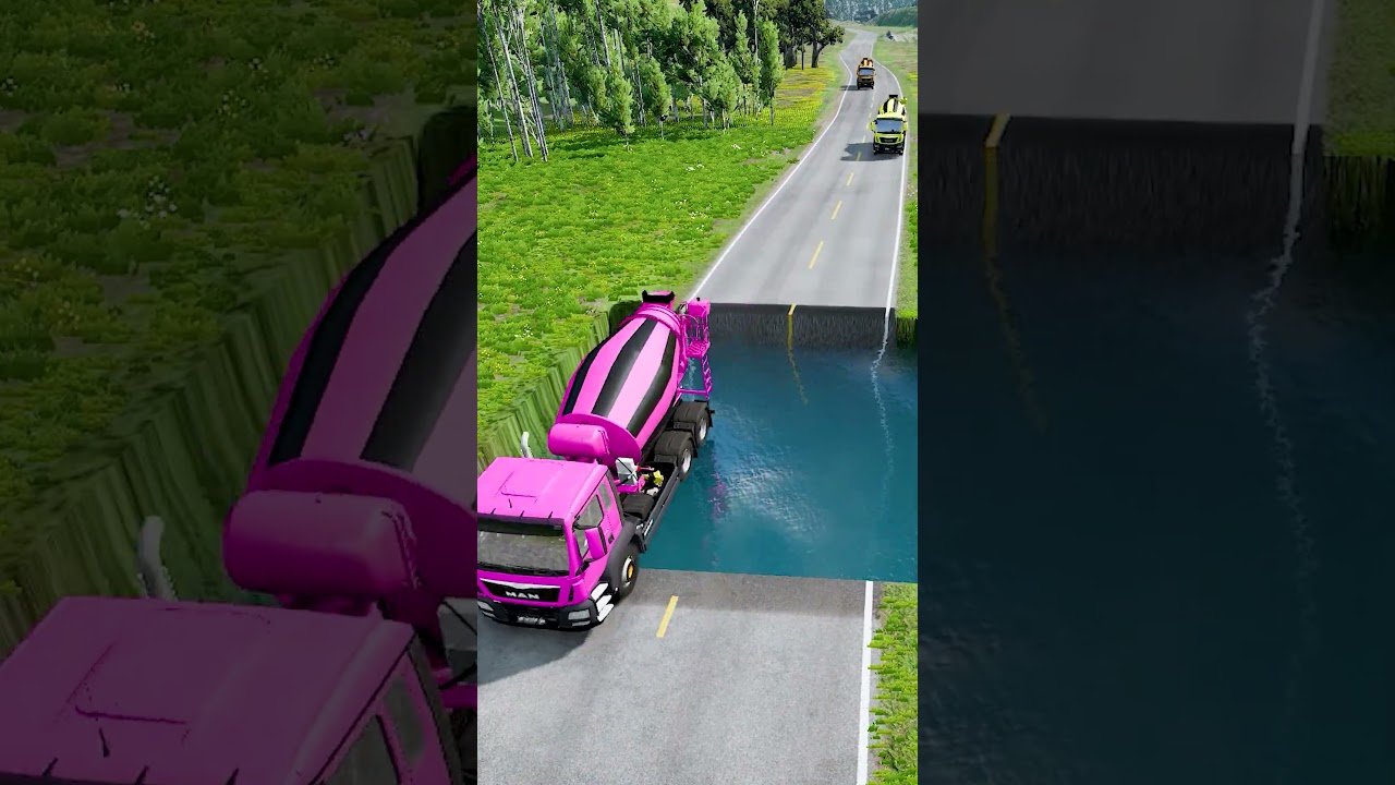 Mixer trucks passing water pit #54 | #carsvswaterpit  #doublespeedbumps #beamngdrive