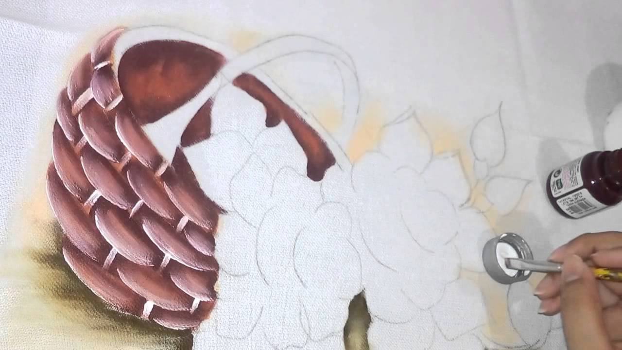 Pintura em tecido. Aula completa, cesta, rosa, folha.