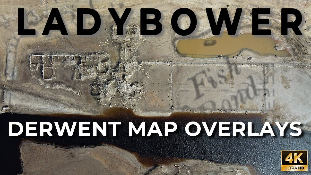 The lost village of Derwent revealed during low water at Ladybower Reservoir. 4k drone footage