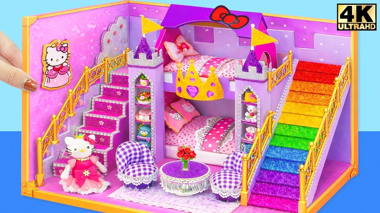 Make Hello Kitty Luxury Castle House with Rainbow Stair & Double Princess Bed 💗 DIY Miniature House