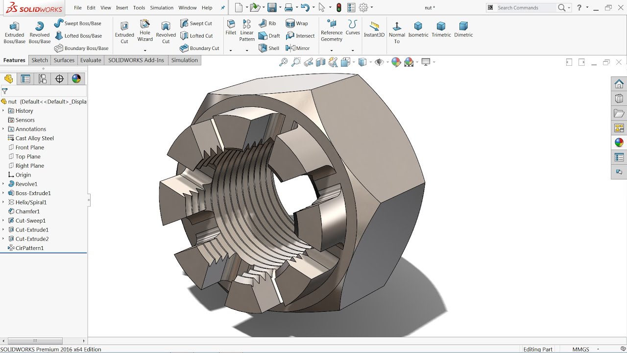 Solidworks tutorial modelling of Castle Crown Nut