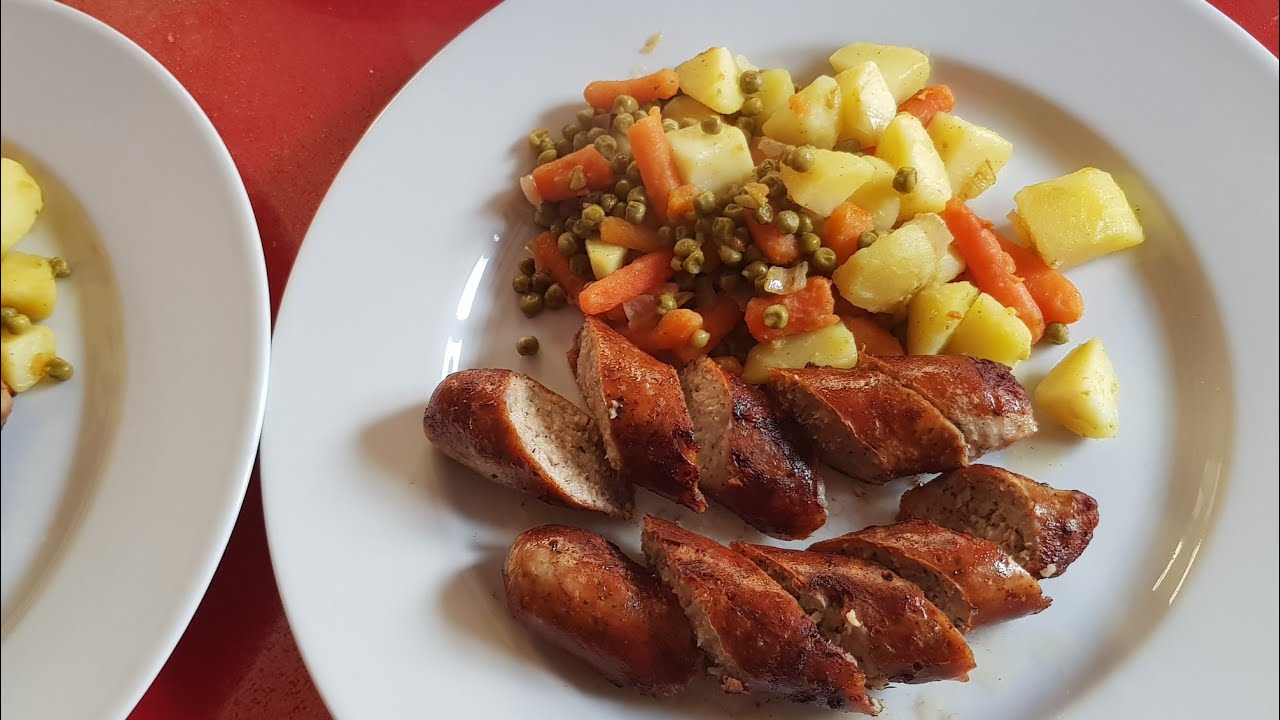 Belgian Food = Belgian sausage and vegetables for lunch