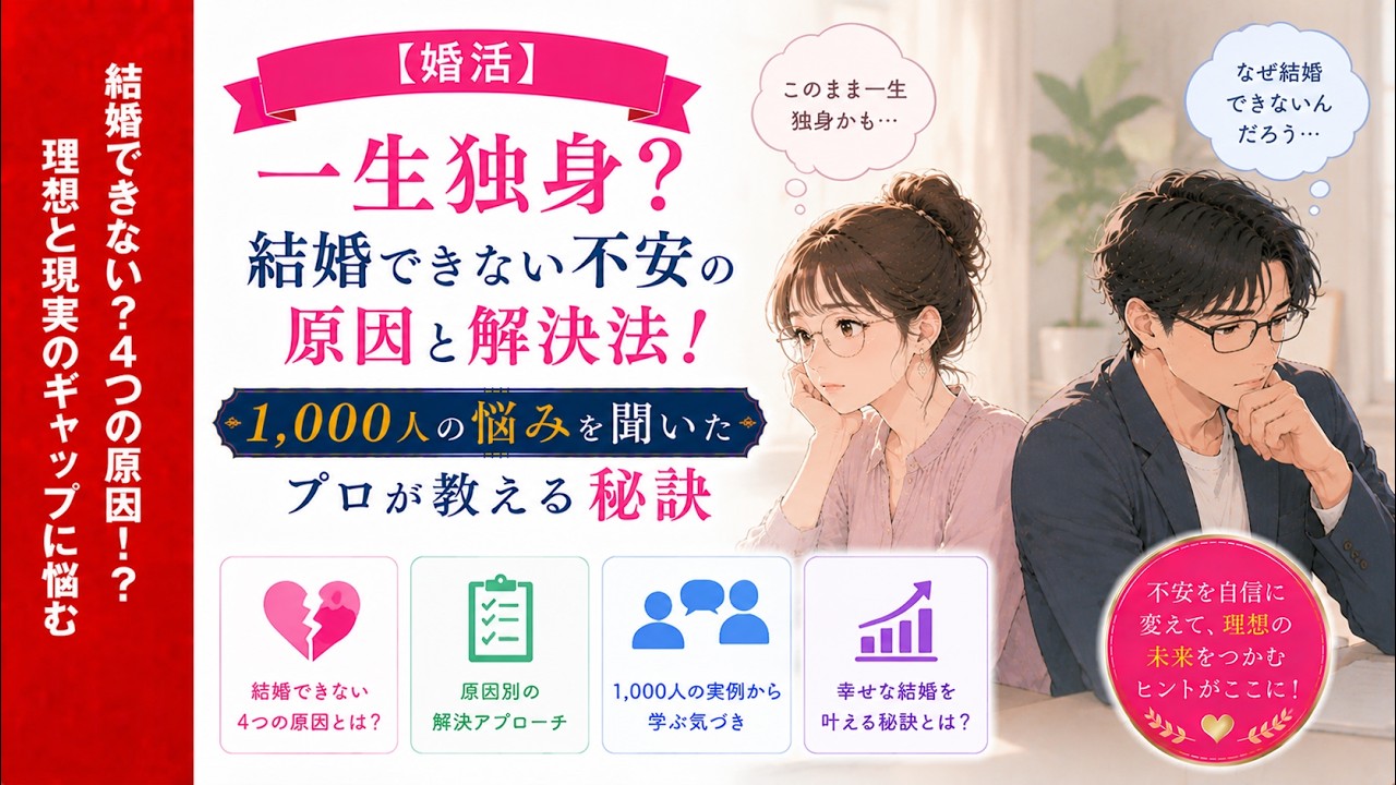 【婚活】一生独身？結婚できない不安の原因と解決法！1,000人の悩みを聞いたプロが教える秘訣