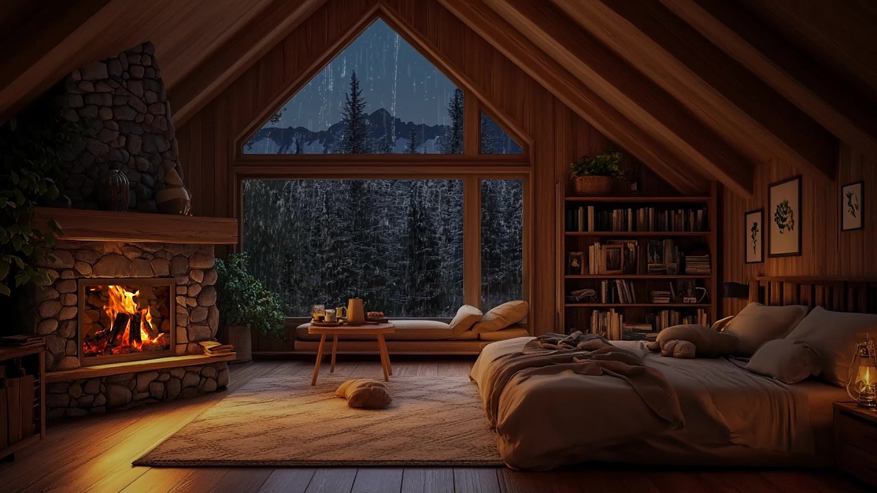 🌲 Sound of Midnight Rain Surrounding a Cozy Wooden Bedroom | Gentle Window Ambience | Focus & Ralax