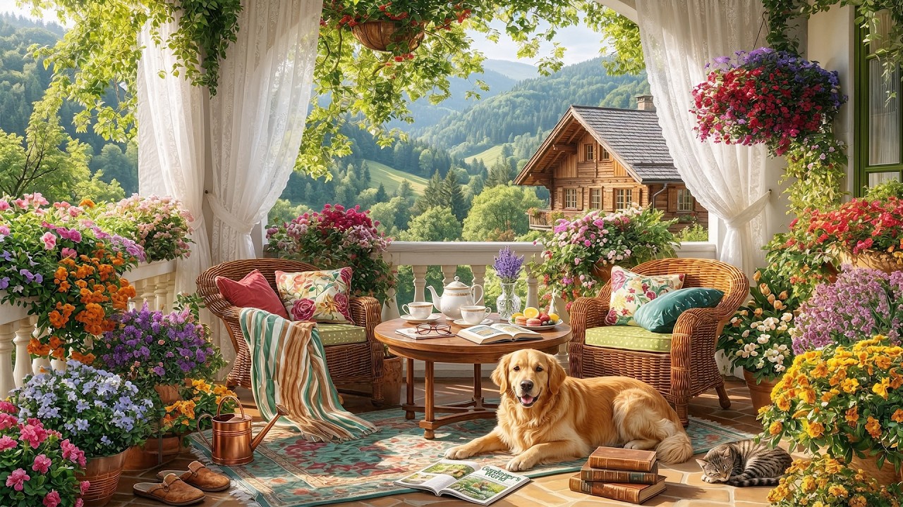 Peaceful Reading Balcony Ambience | Golden Retriever & Cat • Cottagecore Calm Piano Music for Relax