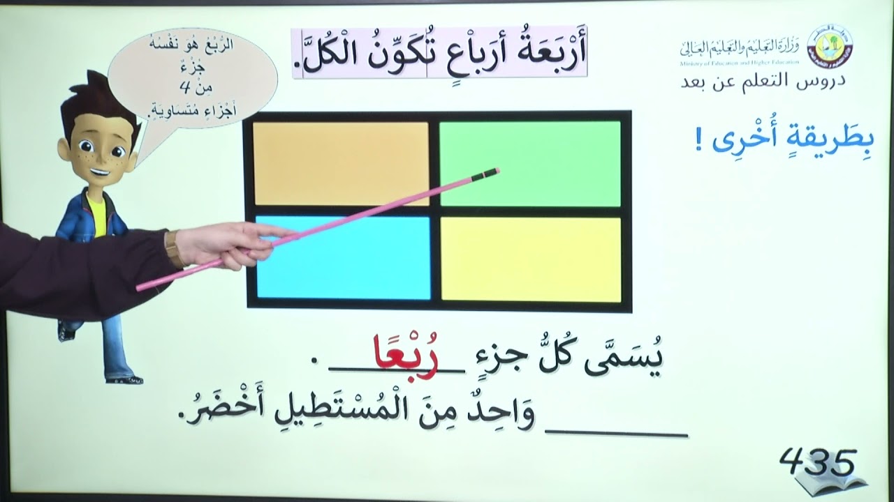 الصف الأول   الرياضيات   15 2    تقسيم المستطيلات والدوائر إلى أنصاف وأرباع  الجزء الثاني