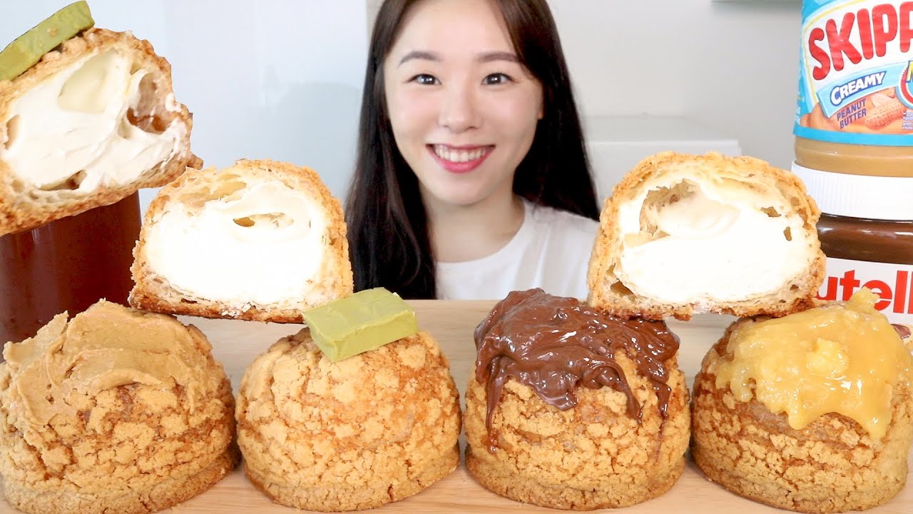 SUB) ASMR Кремовый слой Мукбанг 🍞 Кремовый хлеб с Шоколад, Арахисовое масло, Зеленый чай Десерты