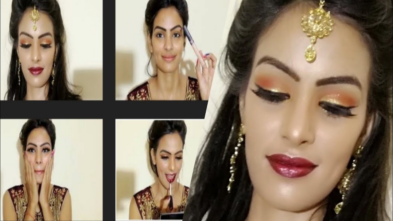 Engagement/Nikaah, Asian Bridal Makeup, Gold Glittery Eyes Hot Maroon Velvety Lip (Priyadeep)