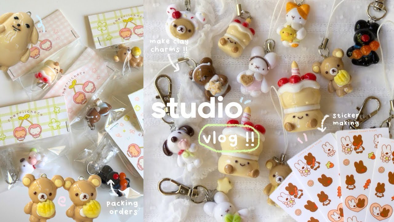 studio vlog! 🍒 make clay charms & stickers with me! packing orders, my process & more !!