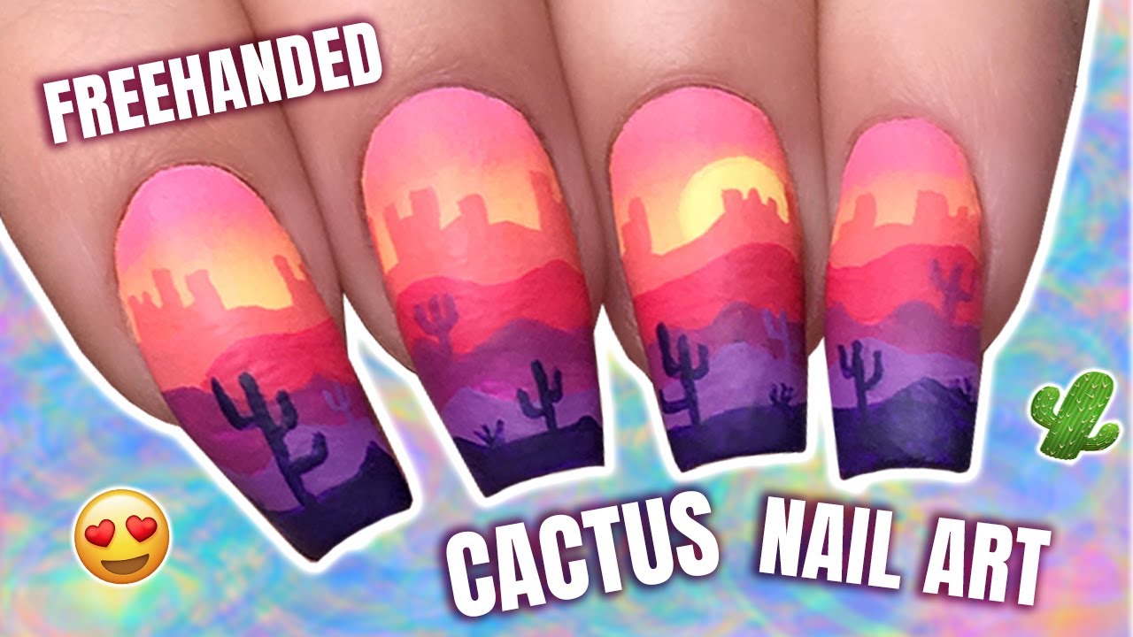 Freehanded cactus nail art