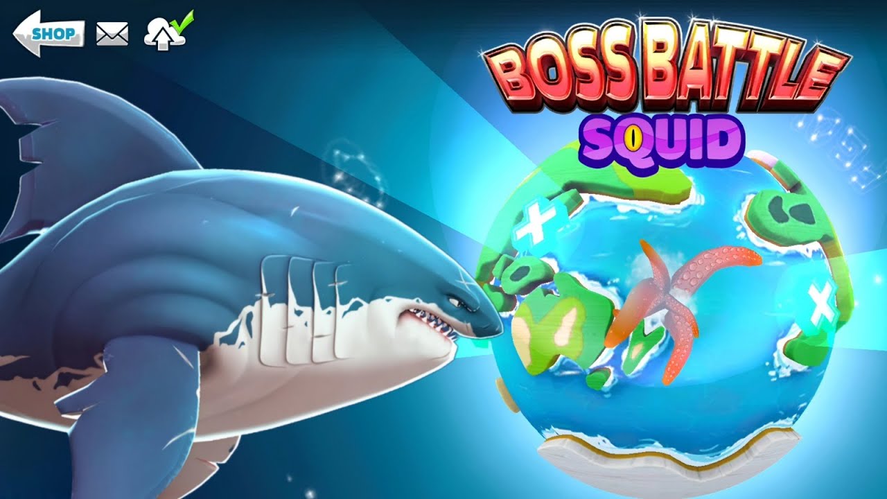 GIANT MONSTER GREAT WHITE SHARK VS COLOSSAL SQUID BOSS - HUNGRY SHARK WORLD
