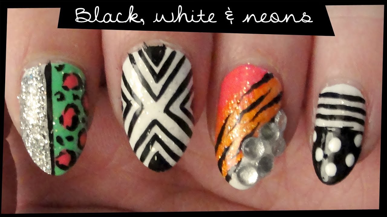 Black, White & Neons nail art