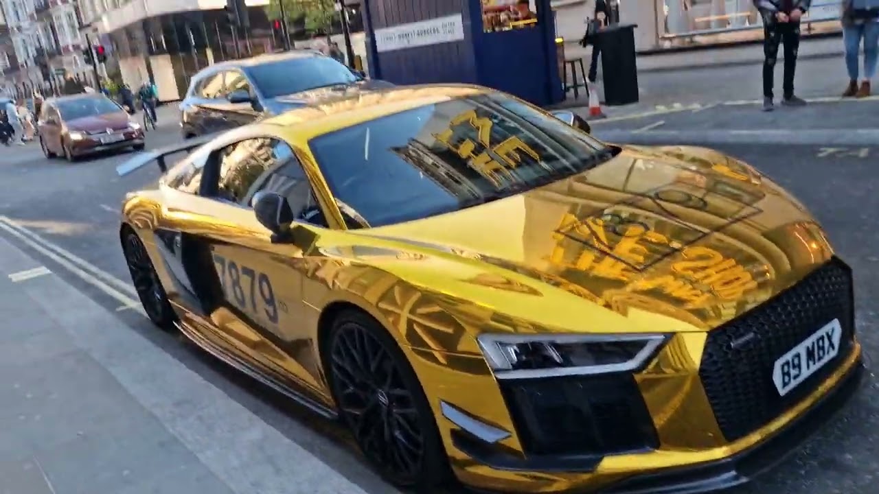 Audio R8 V10 Quattro Coupe 24K Gold Plated Car Wrap at Selfridges - Supercars of London 2022