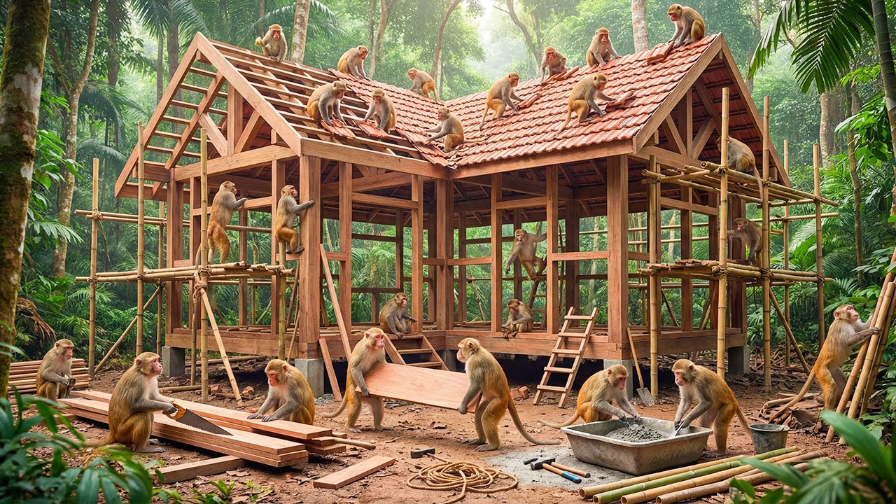 ये बंदर मिलकर पक्का घर बना रहे हैं 🐒🧱 | Monkeys Build a Solid Brick House Together 🐒🏠