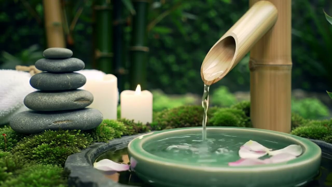 Relaxing Zen Grounded Peace Bamboo Water Flow and Candle Glow with Nature Elements for Stress Relief