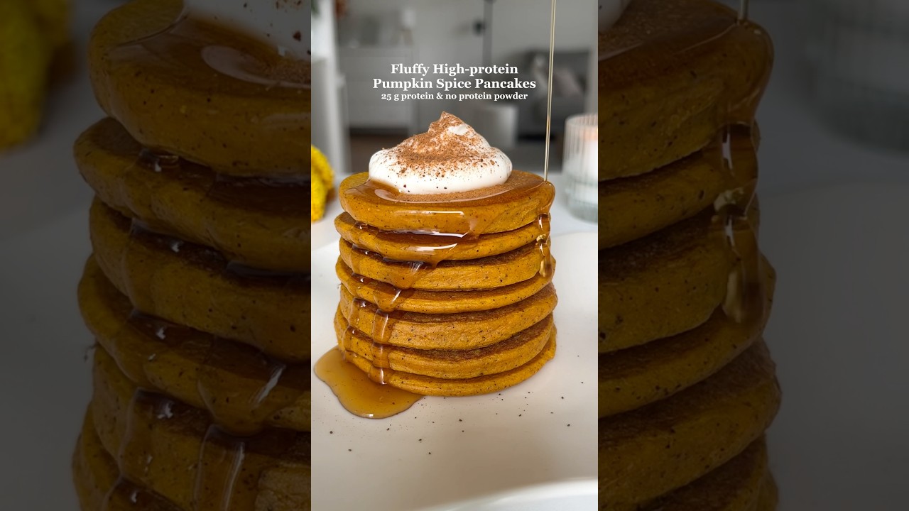 Fluffy High-protein Pumpkin Spice Pancakes🧸🍁 #highprotein #fallrecipes #healthyrecipes