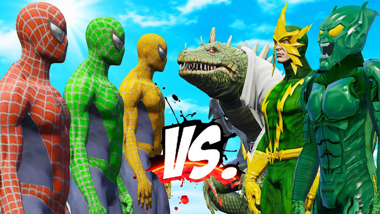 TEAM SPIDER-MAN TRIO vs LIZARD, ELECTRO & GREEN GOBLIN - EPIC SUPERHEROES WAR