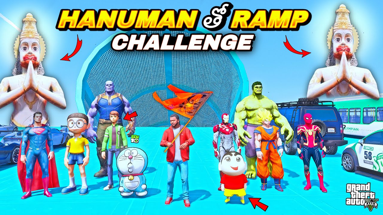 SUPER HEROES RAMP 🚗 CHALLENGE WITH HANUMAN 🚩🥰 IN GTAV #black7plays